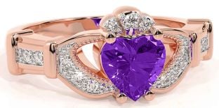 Diamond Amethyst Rose Gold Silver Claddagh Ring