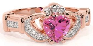 Diamond Pink Tourmaline Rose Gold Silver Claddagh Ring