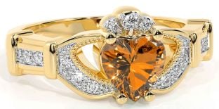 Diamond Citrine Gold Silver Claddagh Ring