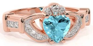 Diamond Aquamarine Rose Gold Claddagh Ring