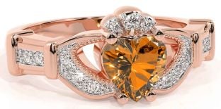 Diamond Citrine Rose Gold Claddagh Ring