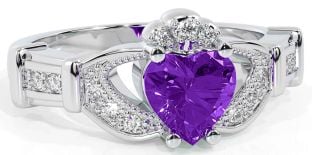 Diamond Amethyst Silver Claddagh Ring