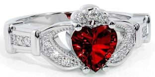 Diamond Garnet Silver Claddagh Ring