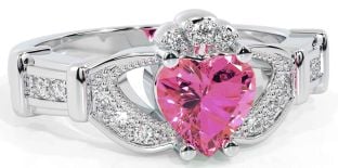 Diamond Pink Tourmaline Silver Claddagh Ring