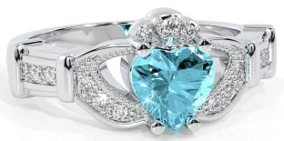 Diamant Aquamarin Weiß Gold Claddagh Ring