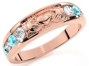 Aquamarine Rose Gold Silver Claddagh Ring