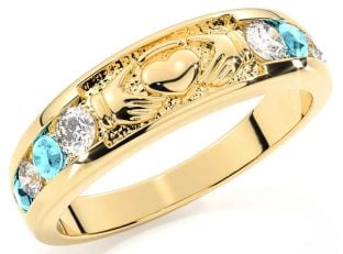 Aquamarine Gold Silver Claddagh Ring