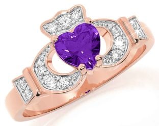 Diamond Amethyst Rose Gold Silver Claddagh Ring