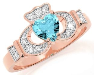 Diamond Aquamarine Rose Gold Silver Claddagh Ring