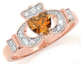 Diamond Citrine Rose Gold Silver Claddagh Ring