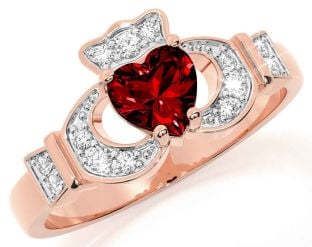 Diamond Garnet Rose Gold Silver Claddagh Ring