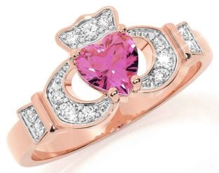 Diamond Pink Tourmaline Rose Gold Silver Claddagh Ring