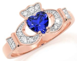 Diamond Sapphire Rose Gold Silver Claddagh Ring