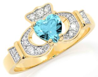 Diamond Aquamarine Gold Silver Claddagh Ring