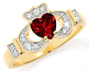 Diamond Garnet Gold Silver Claddagh Ring