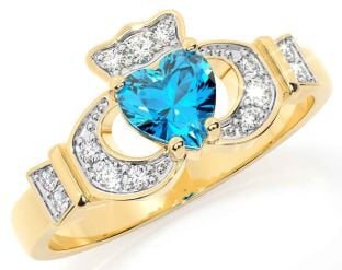 Diamond Topaz Gold Silver Claddagh Ring