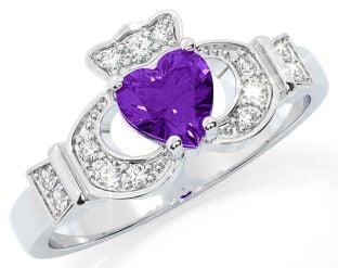 Diamond Amethyst Silver Claddagh Ring