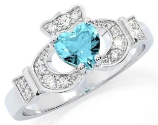 Diamond Aquamarine Silver Claddagh Ring