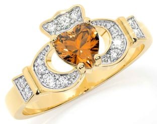 Diamond Citrine Gold Claddagh Ring