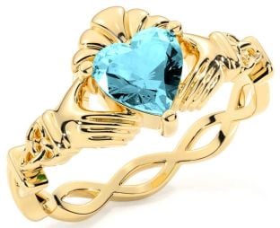 Aquamarine Gold Silver Claddagh Ring