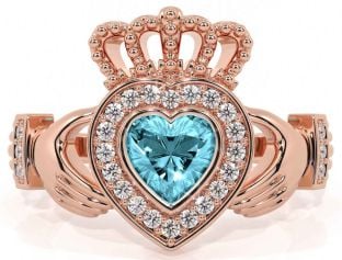 Diamond Aquamarine Rose Gold Silver Claddagh Ring