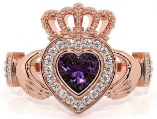 Diamond Alexandrite Rose Gold Silver Claddagh Ring