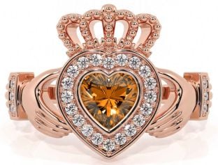 Diamond Citrine Rose Gold Silver Claddagh Ring