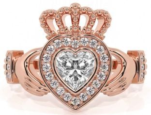 Diamond Rose Gold Silver Claddagh Ring