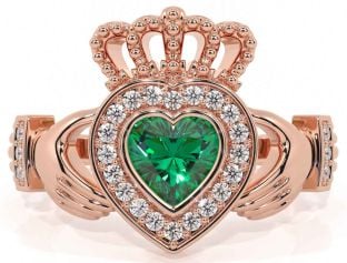 Diamond Emerald Rose Gold Silver Claddagh Ring