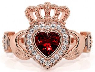 Diamond Garnet Rose Gold Silver Claddagh Ring