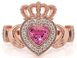 Diamond Pink Tourmaline Rose Gold Silver Claddagh Ring