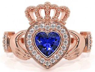 Diamond Sapphire Rose Gold Silver Claddagh Ring