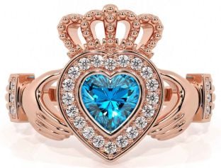 Diamond Topaz Rose Gold Silver Claddagh Ring