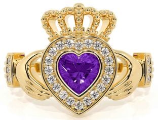 Diamond Amethyst Gold Silver Claddagh Ring