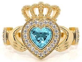 Diamond Aquamarine Gold Silver Claddagh Ring