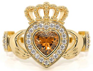 Diamond Citrine Gold Silver Claddagh Ring