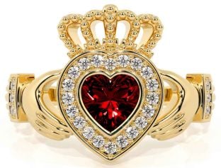 Diamond Garnet Gold Silver Claddagh Ring