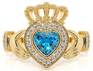 Diamond Topaz Gold Silver Claddagh Ring