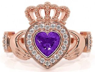 Diamond Amethyst Rose Gold Claddagh Ring