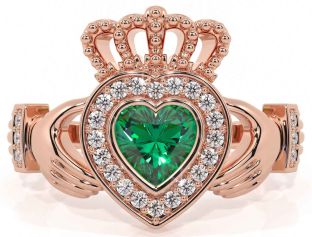 Diamond Emerald Rose Gold Claddagh Ring