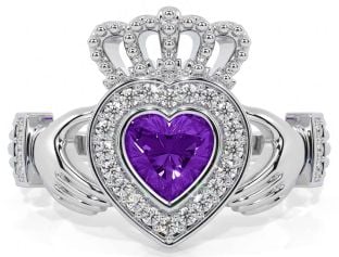 Diamond Amethyst Silver Claddagh Ring