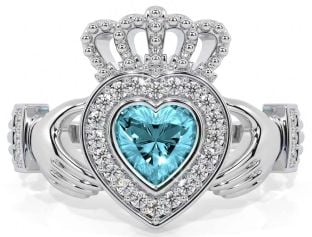 Diamond Aquamarine Silver Claddagh Ring