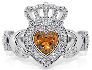 Diamond Citrine Silver Claddagh Ring