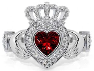 Diamond Garnet Silver Claddagh Ring