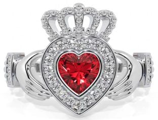 Diamond Ruby Silver Claddagh Ring