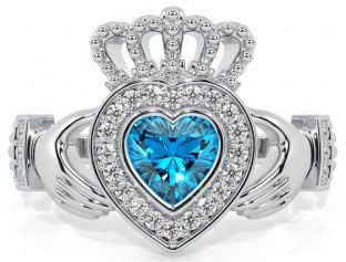 Diamond Topaz Silver Claddagh Ring