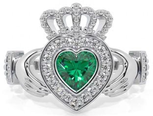 Diamond Emerald White Gold Claddagh Ring