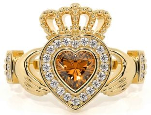 Diamond Citrine Gold Claddagh Ring