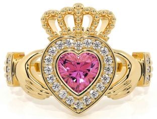 Diamond Pink Tourmaline Gold Claddagh Ring