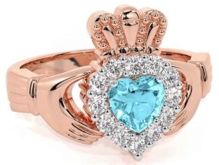 Diamond Aquamarine Rose Gold Silver Claddagh Ring